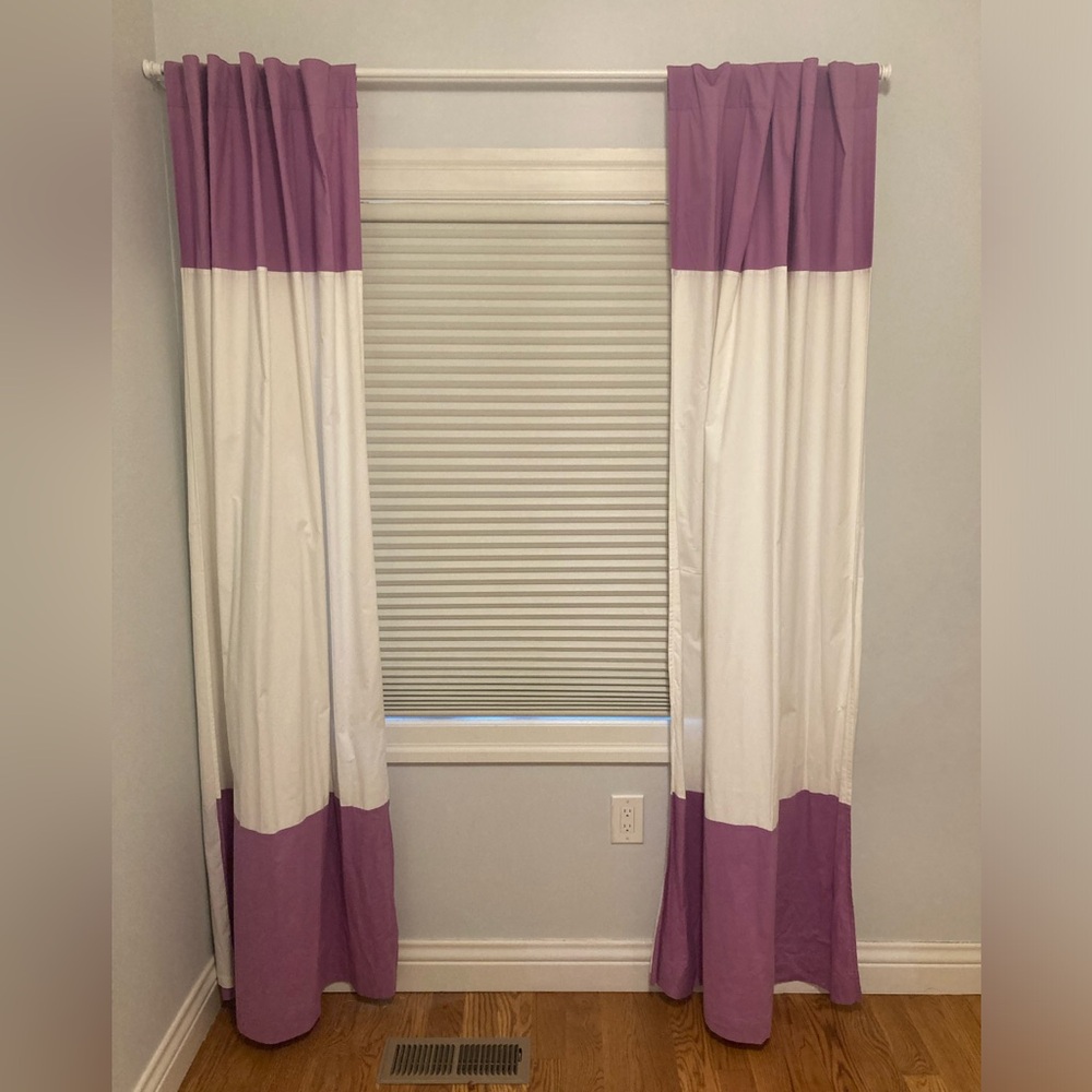 Land of Nod purple and white curtains